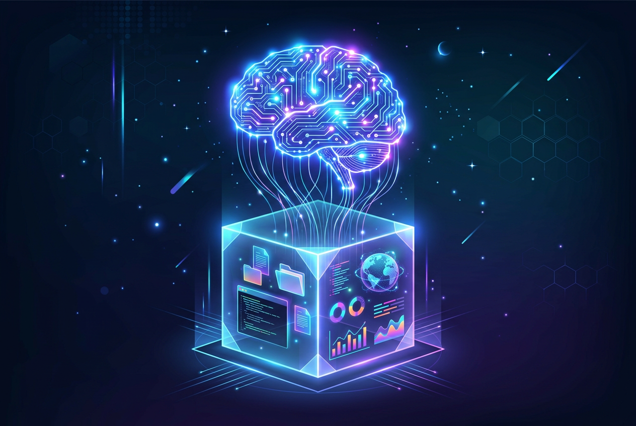 An AI brain connected by luminous threads to a translucent sandbox cube