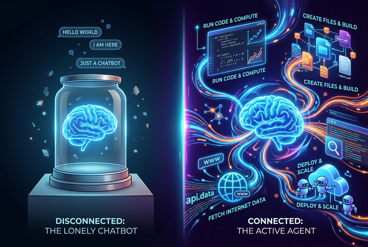 Split scene: a disconnected AI brain in a jar vs the same brain connected to a sandbox