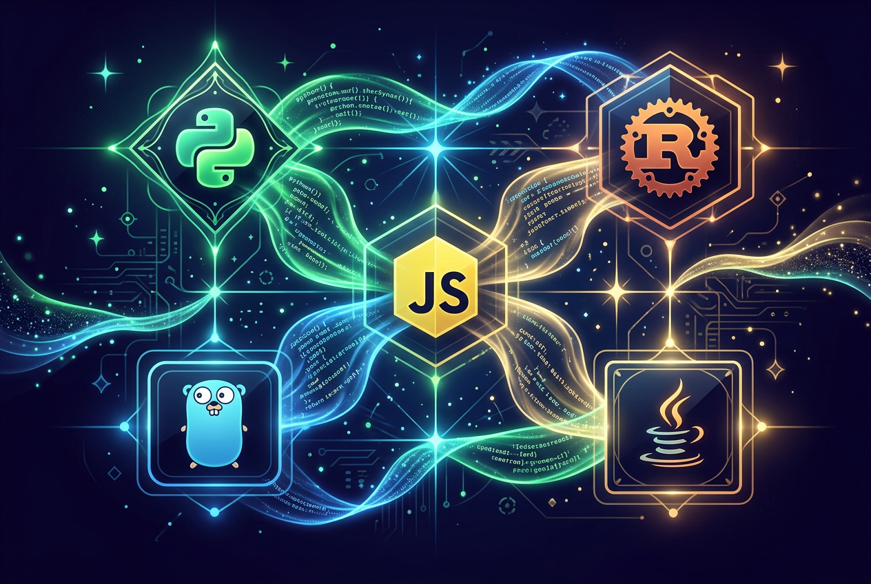 AI code translation between programming languages - luminous code streams bridging language shapes