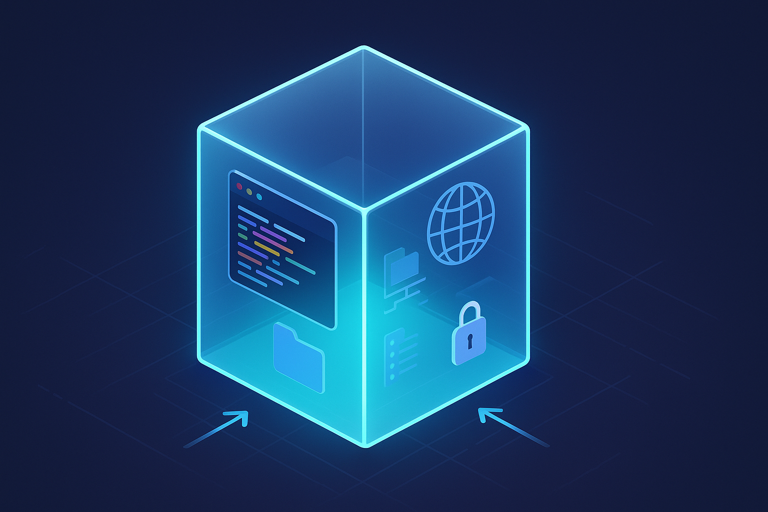 A translucent sandbox cube containing a terminal, file tree, network globe and padlock — the anatomy of an AI code sandbox.