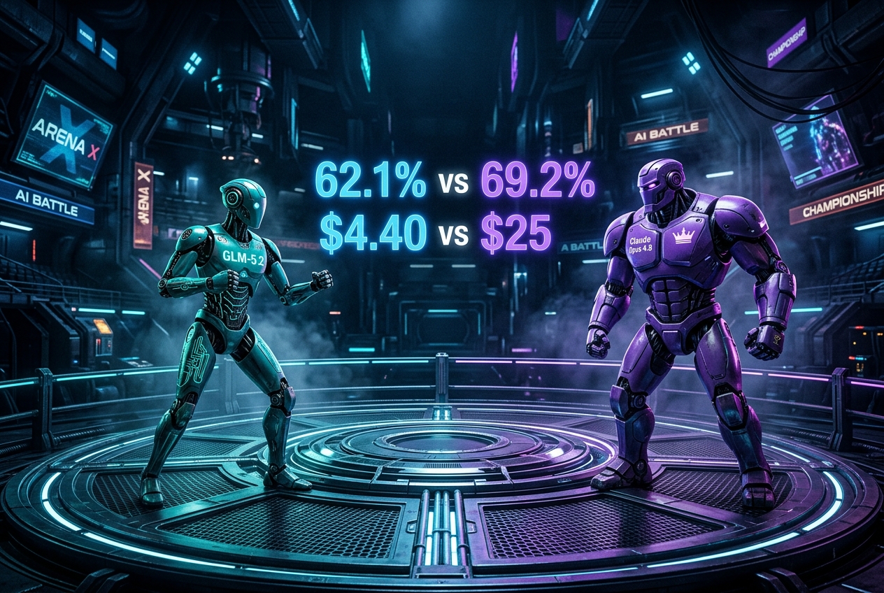 Claude Opus 4.8 vs GLM-5.2 — proprietary king vs MIT open-weight challenger, boxing ring showdown