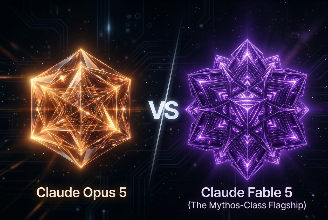 Claude Opus 5 vs Claude Fable 5 — warm amber crystalline form vs deep purple geometric shape with VS between them
