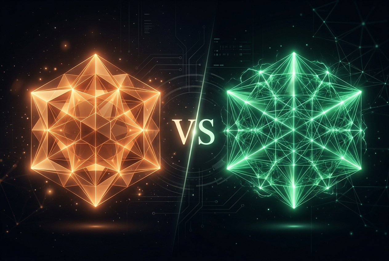 Claude Opus 5 vs GPT-5.6 Sol — warm amber crystalline form vs emerald-green geometric shape with VS between them