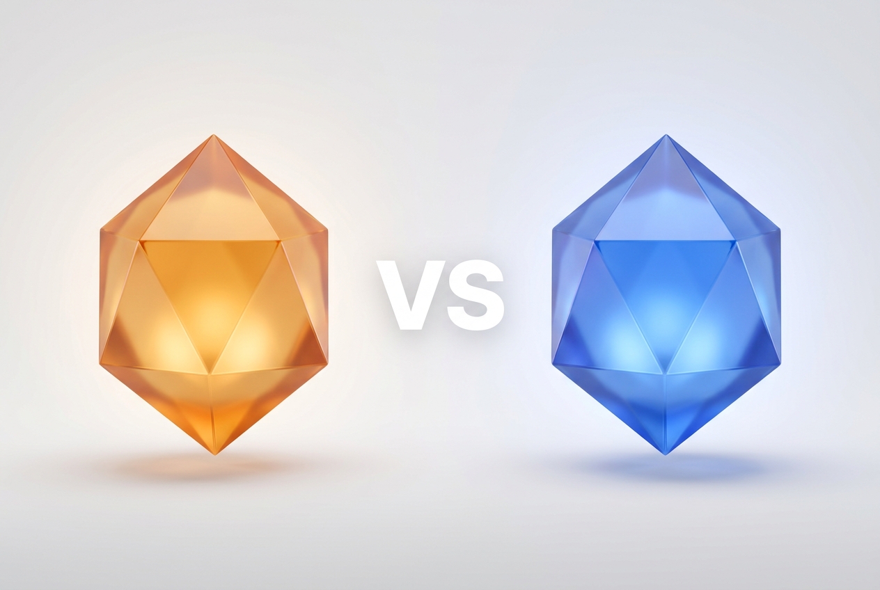 Claude Opus 5 vs Kimi K3 — warm amber crystalline form vs sleek blue crystalline shape with VS between them