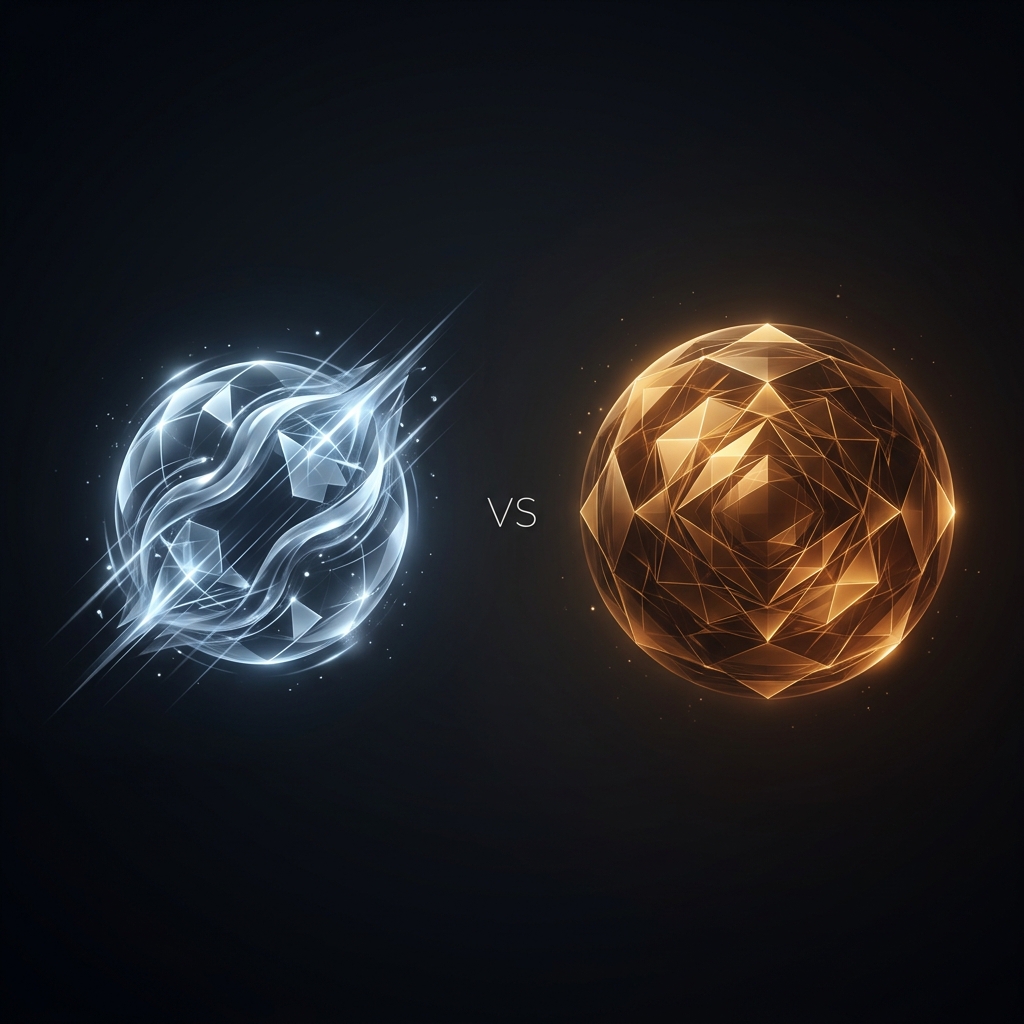 Claude Sonnet 5 vs Claude Opus 4.8 — sleek silver-blue energy vs deep amber-bronze power, side by side