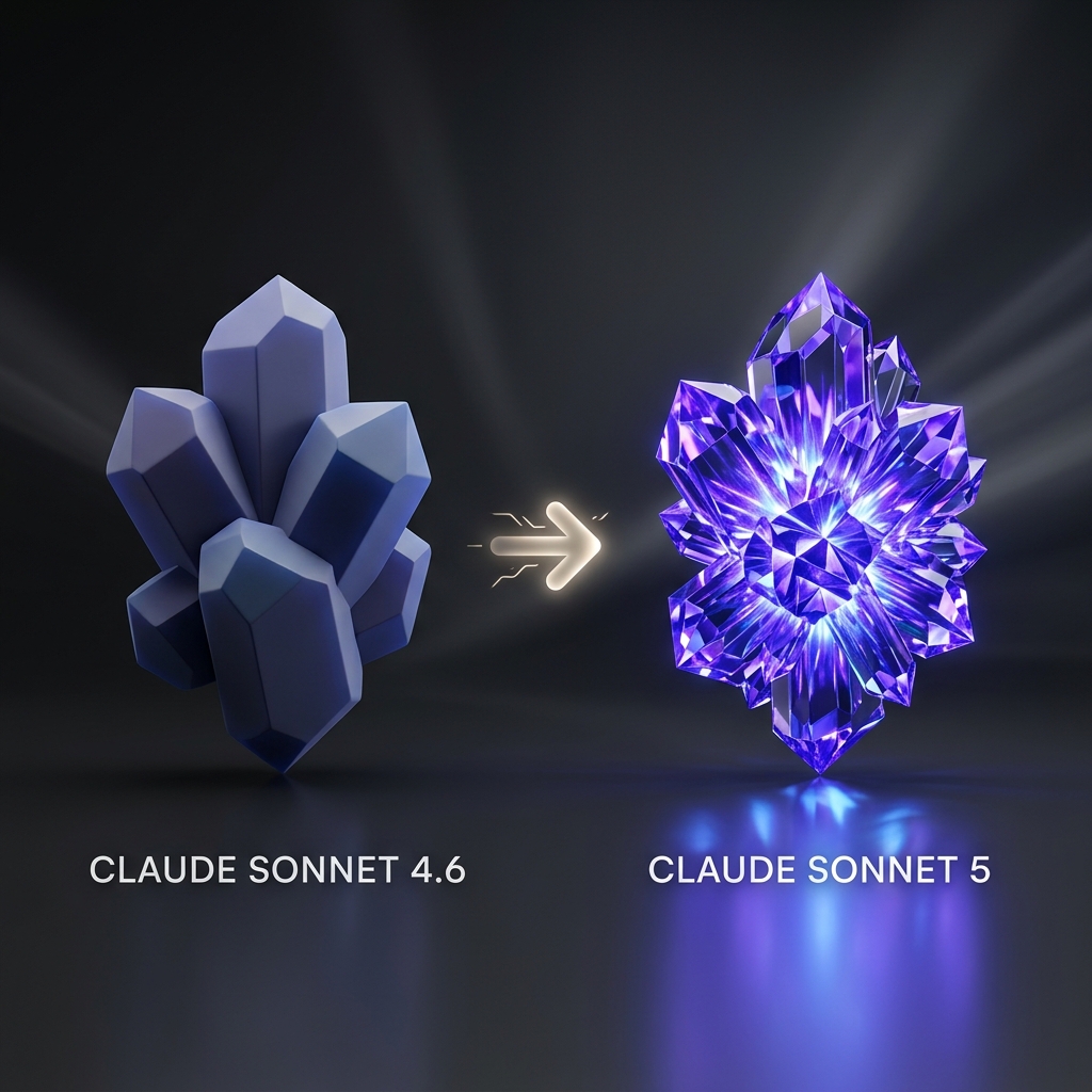 Claude Sonnet 5 vs Sonnet 4.6 evolution — muted indigo crystal transforming into vibrant electric violet-blue
