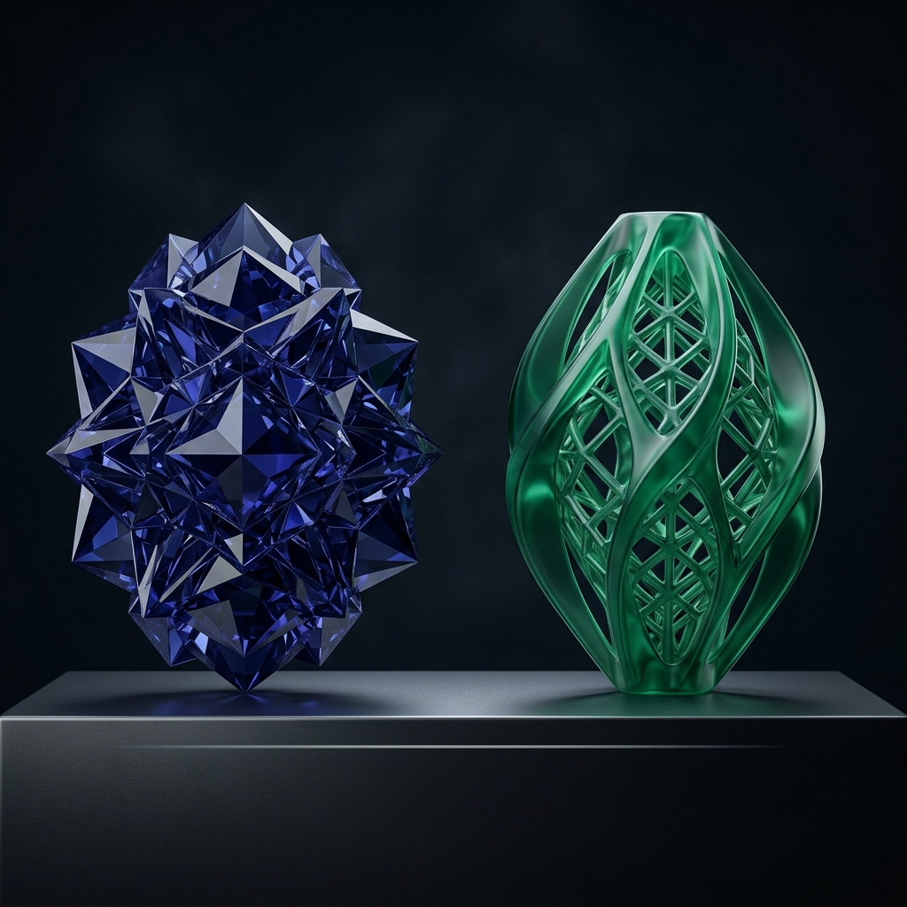 Claude Sonnet 5 vs DeepSeek V4 Pro — premium indigo-blue crystal vs efficient emerald-green form, quality vs value