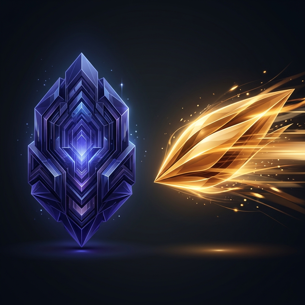 Claude Sonnet 5 vs Gemini 3.5 Flash — deep indigo-blue coding crystal vs sleek golden speed streak