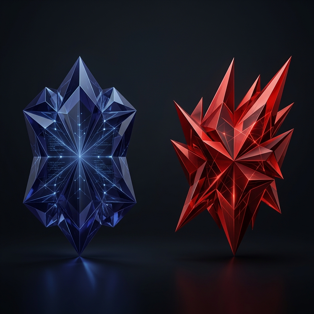 Claude Sonnet 5 vs Qwen 3.7 Max — structured indigo-blue crystal vs fierce angular crimson-red form
