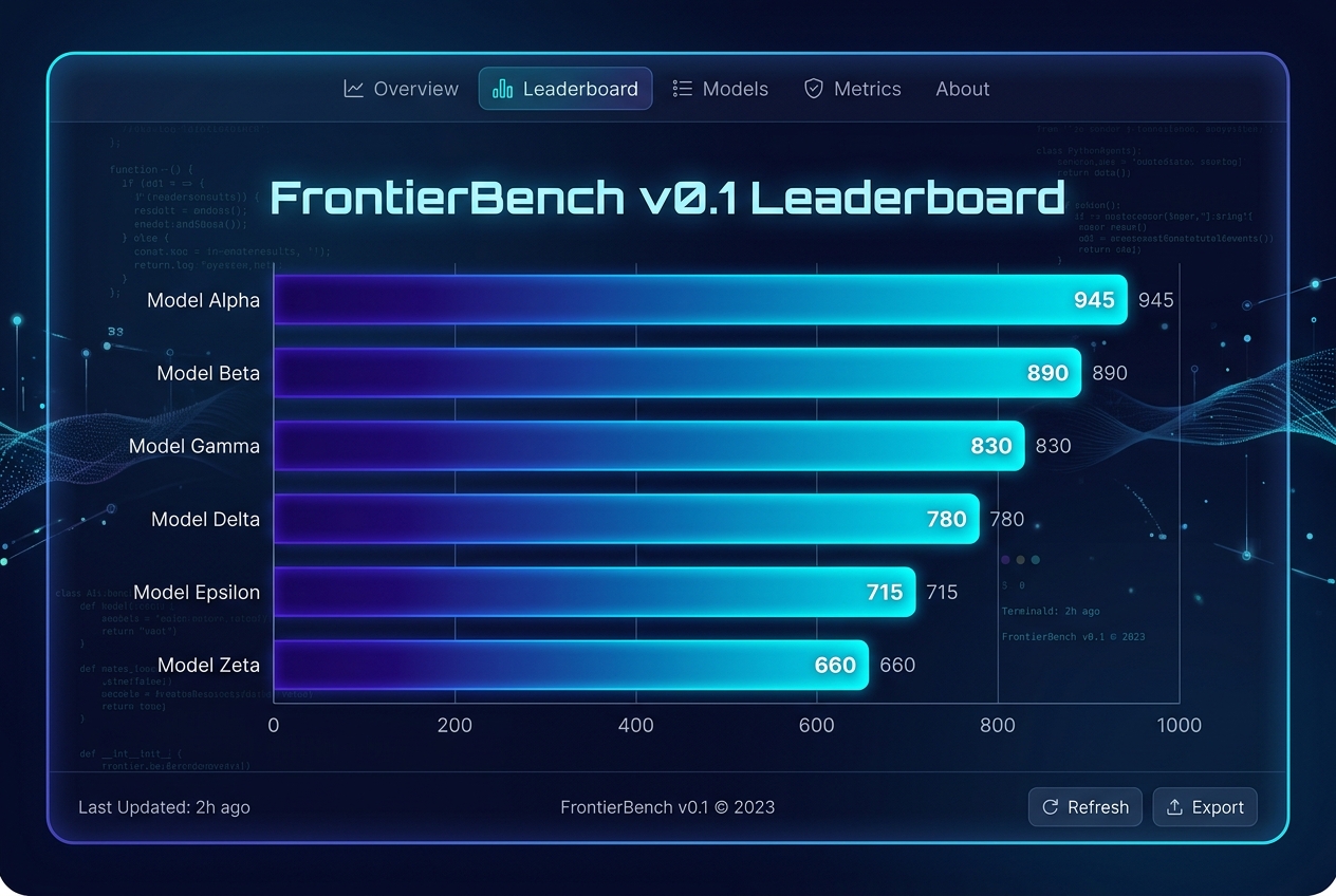 FrontierBench v0.1 leaderboard with interactive model score chart