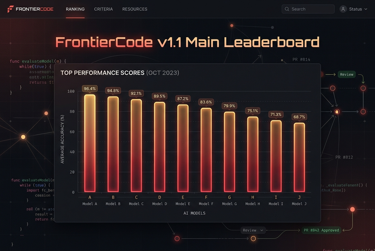 FrontierCode v1.1 Main leaderboard with interactive model score chart