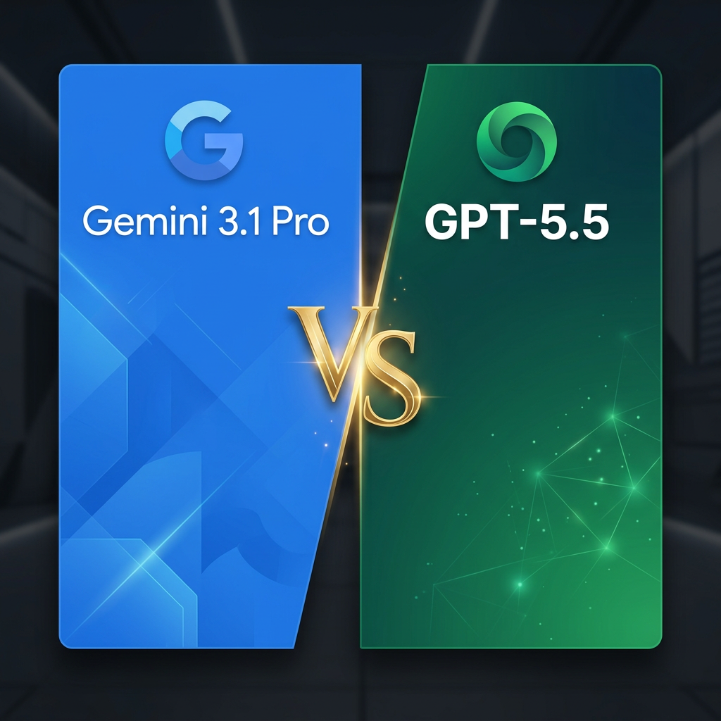 Gemini 3.1 Pro vs GPT-5.5 comparison — Google blue vs OpenAI green with elegant VS divider
