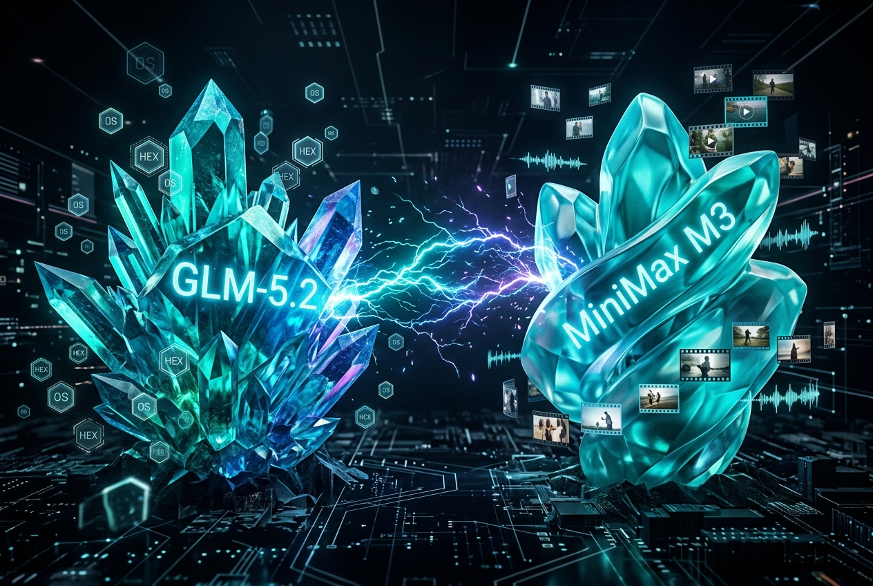 GLM-5.2 vs MiniMax M3 — MIT open-weight coding vs multimodal open-weight, crystal formations
