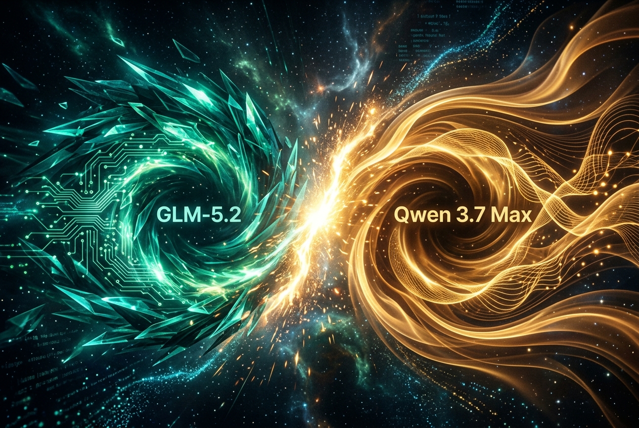 GLM-5.2 vs Qwen 3.7 Max — teal vs gold energy collision