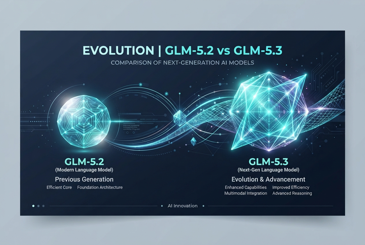 GLM-5.3 vs GLM-5.2 AI model comparison banner with elegant abstract glowing nodes