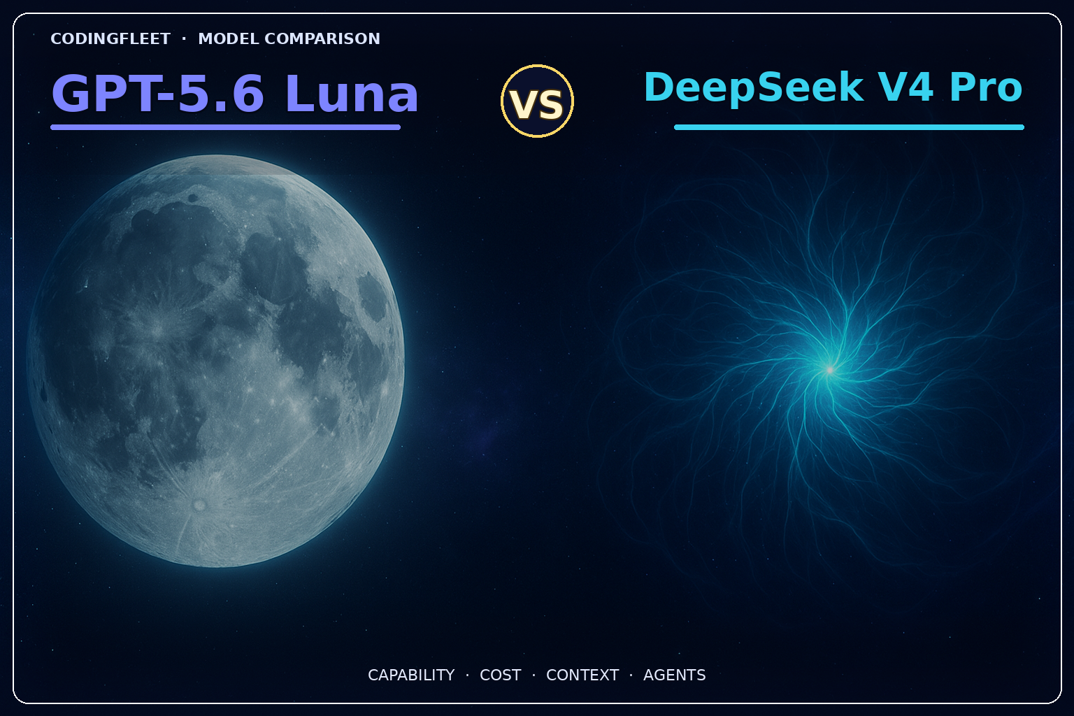 GPT-5.6 Luna vs DeepSeek V4 Pro — a marvelous moon and cyan quantum core with VS between the model names