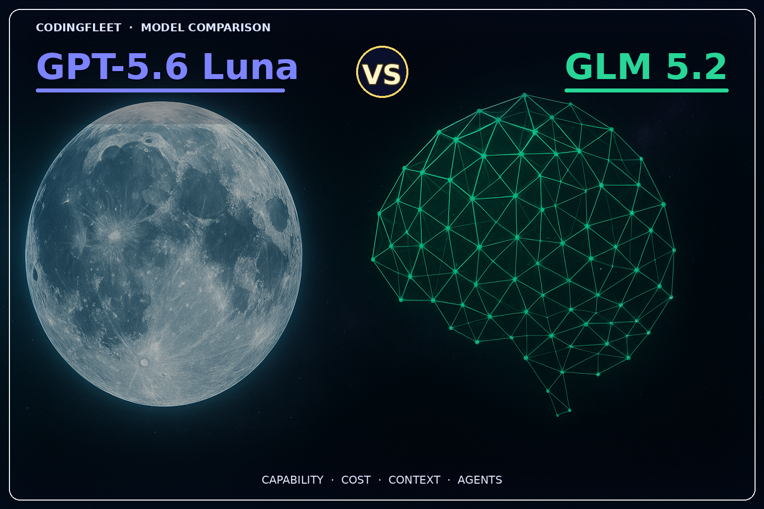 GPT-5.6 Luna vs GLM 5.2 — a marvelous moon and emerald AI core with VS between the model names