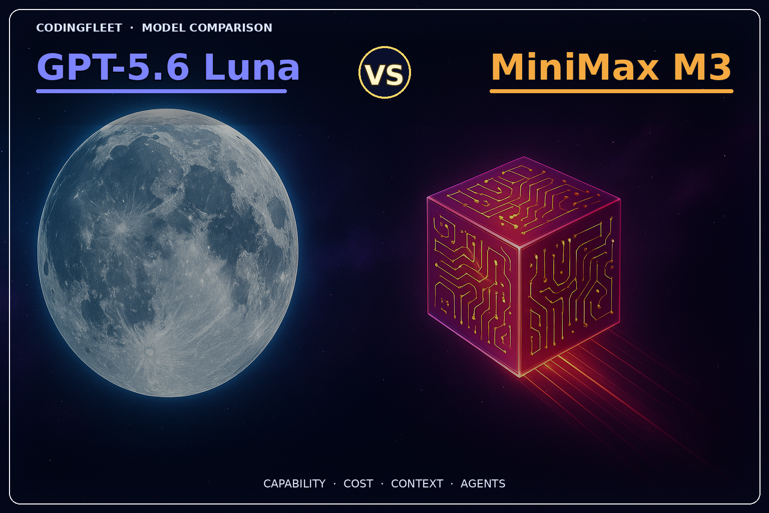 GPT-5.6 Luna vs MiniMax M3 — a marvelous moon and gold neural engine with VS between the model names