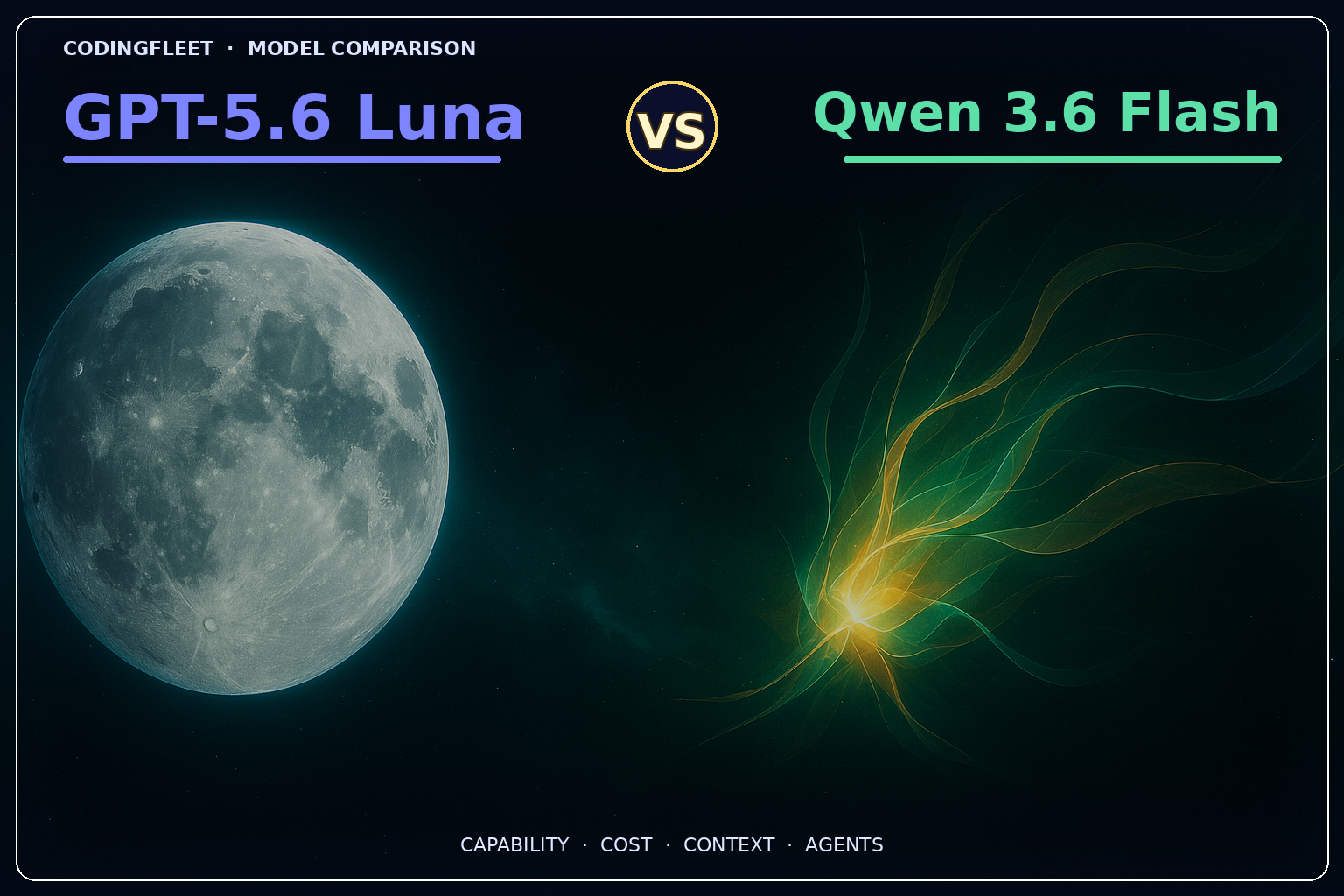 GPT-5.6 Luna vs Qwen 3.6 Flash — a marvelous moon and jade-gold AI flash core with VS between the model names