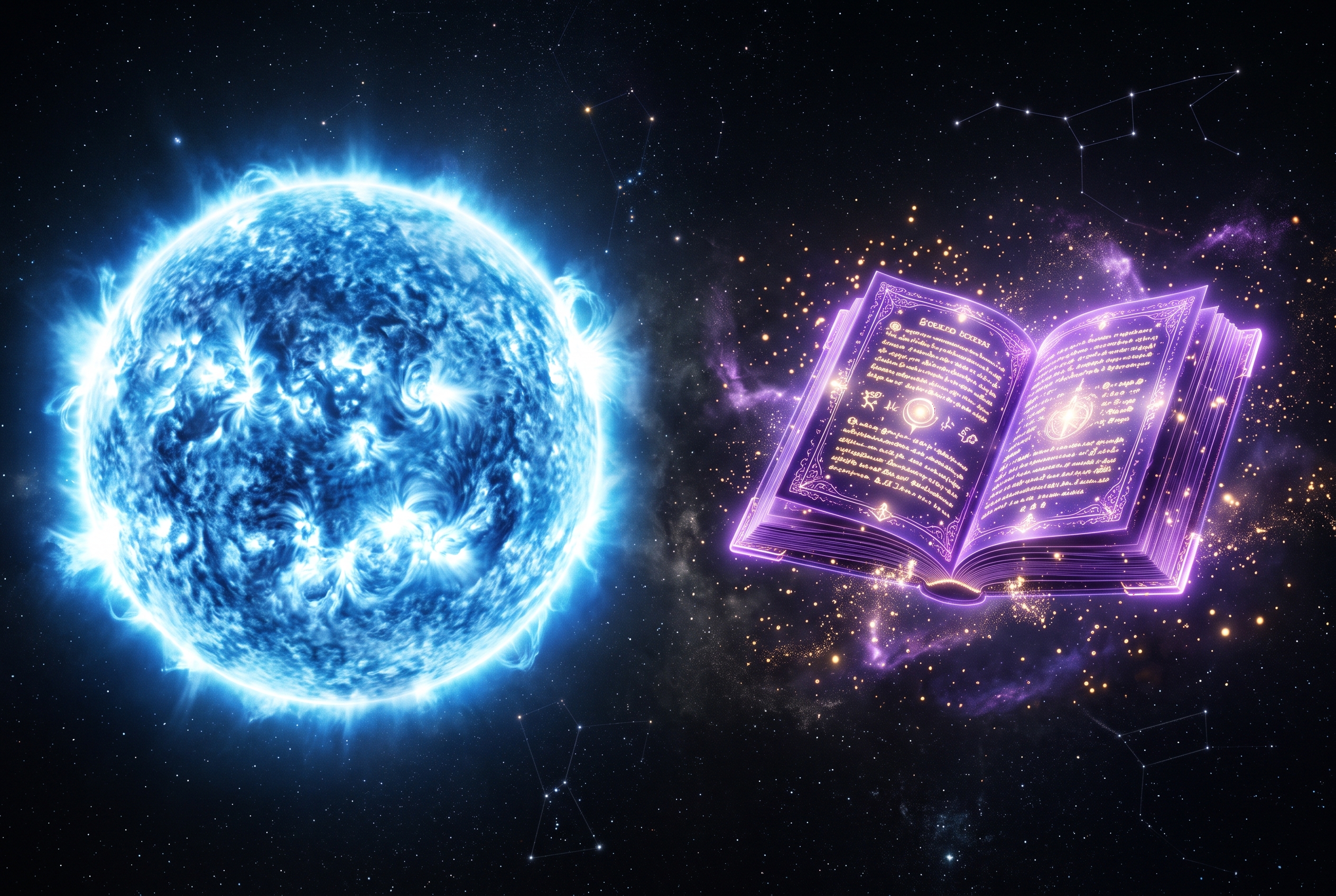 Photorealistic blue-white sun and illuminated violet book representing GPT-5.6 Sol and Claude Fable 5