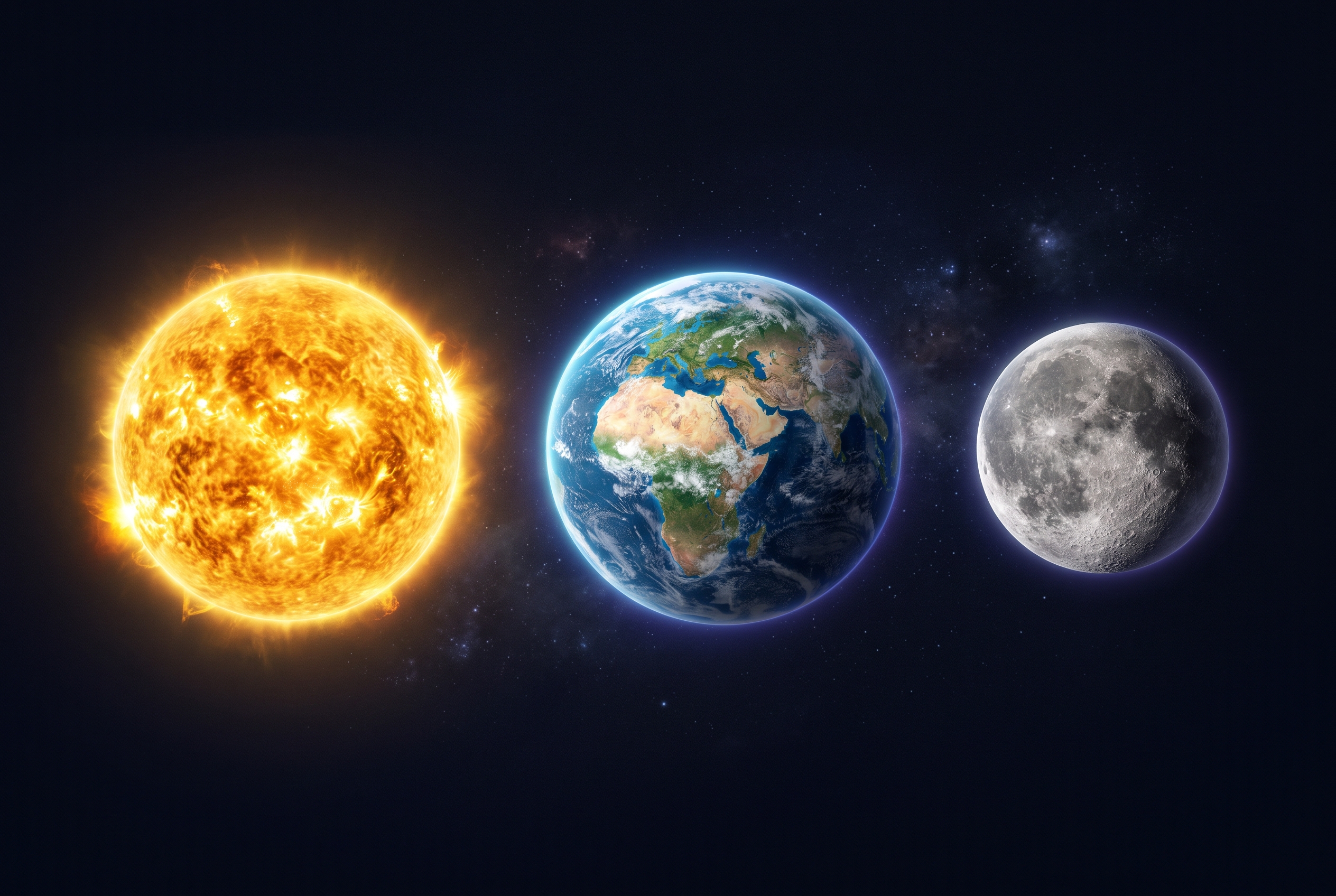 Photorealistic Sun, Earth, and Moon representing GPT-5.6 Sol, Terra, and Luna