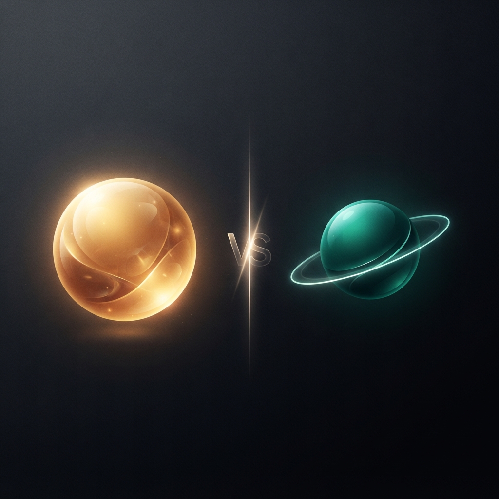 GPT-6.1 Sol vs GPT-6.1 Terra: a warm amber sun-like sphere and a smaller teal planet with an orbit ring, separated by a thin VS line on a dark background
