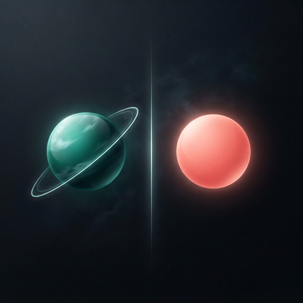GPT-6.1 Terra vs Claude Sonnet 5.5: a teal ringed planet and a warm coral sphere separated by a thin light line on a dark background