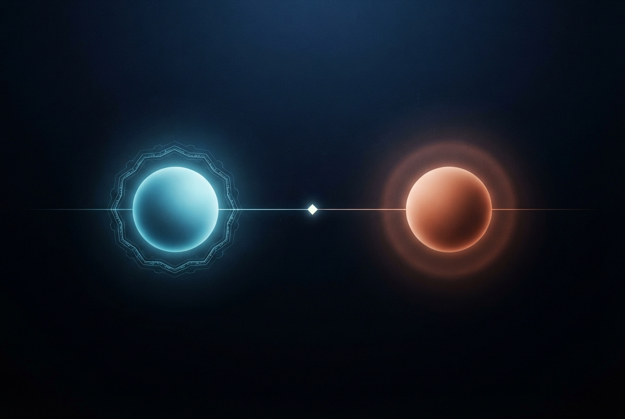 GPT-6 Astra vs Claude Fable 5.1 — two luminous orbs, cyan and terracotta, facing each other on a dark elegant background