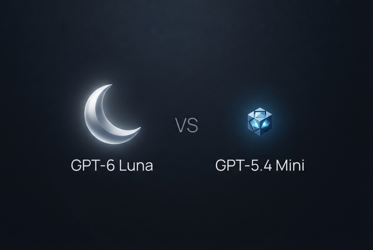GPT-6 Luna vs GPT-5.4 Mini — glowing silver crescent moon versus a compact azure AI core with VS between the model names
