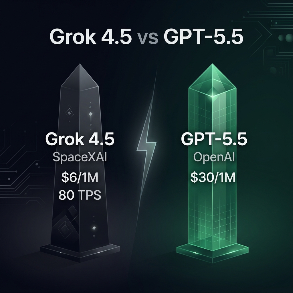 Grok 4.5 vs GPT-5.5 — dark obelisk vs emerald tower, speed vs depth