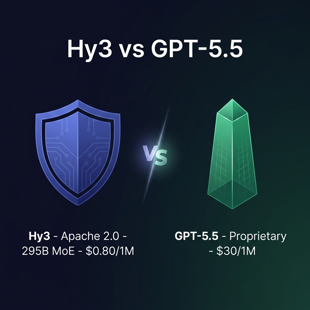 Hy3 vs GPT-5.5 — indigo-blue open-weight shield vs emerald-green proprietary obelisk, Apache agent vs GPT giant