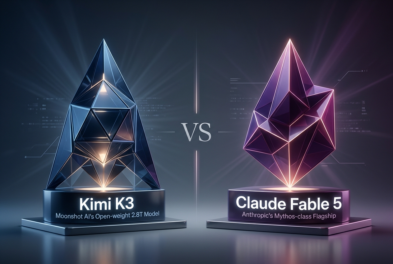Kimi K3 vs Claude Fable 5 — sleek blue crystalline shape vs deep purple geometric form with VS between the model names