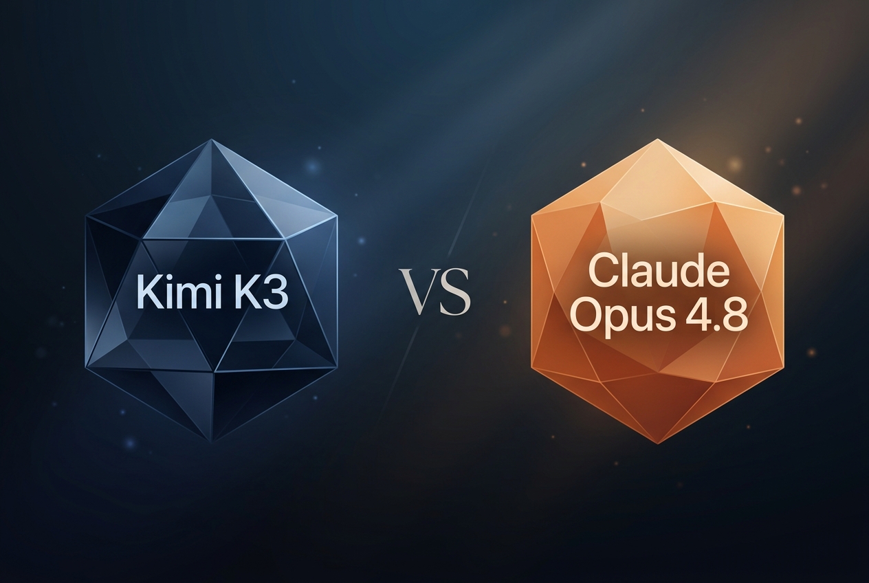 Kimi K3 vs Claude Opus 4.8 — sleek blue crystalline shape vs warm amber geometric form with VS between the model names