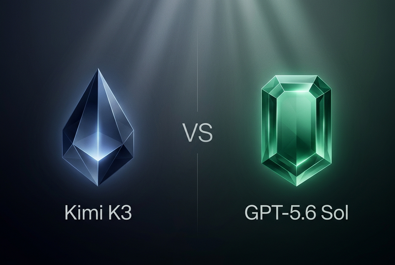Kimi K3 vs GPT-5.6 Sol — sleek blue crystalline shape vs emerald-green geometric form with VS between the model names