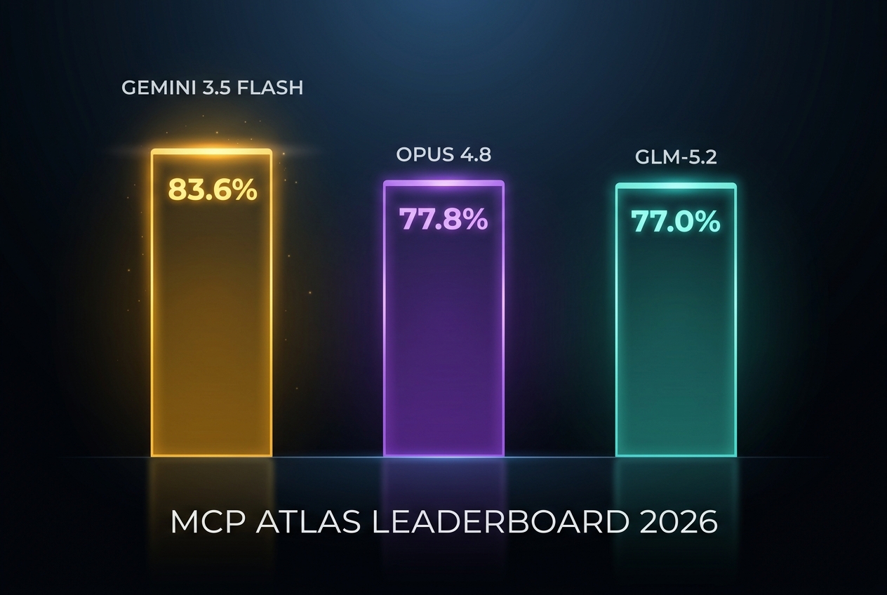 MCP Atlas Leaderboard 2026 — Gemini 3.5 Flash #1 gold bar, Opus 4.8 #2, GLM-5.2 #3