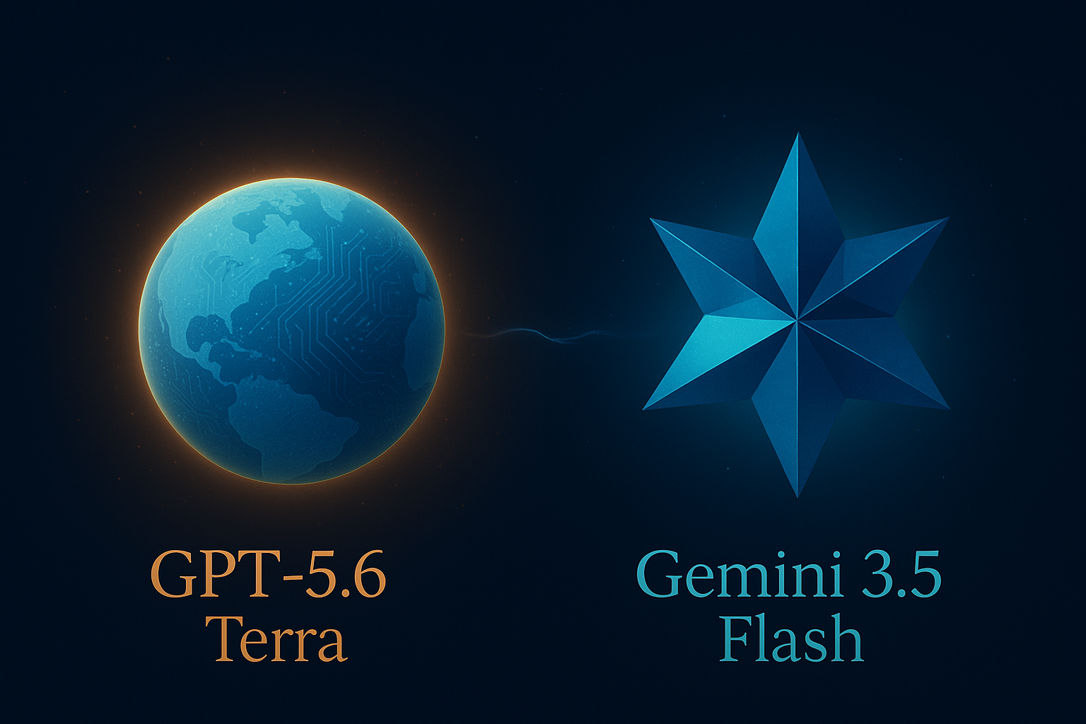 GPT-5.6 Terra vs Gemini 3.5 Flash — Earth planet representing Terra, crystalline star representing Gemini, cosmic background