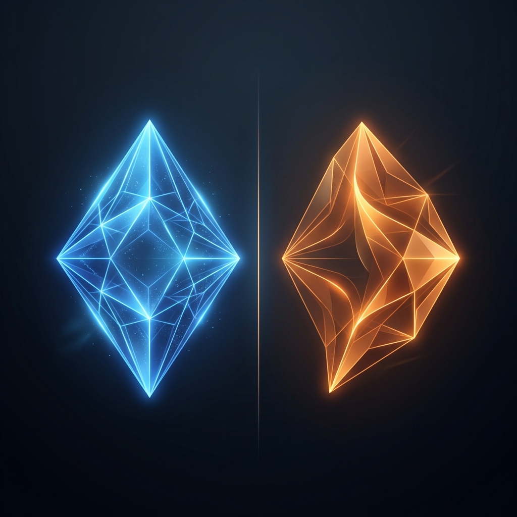 Gemini 3.6 Flash vs Claude Sonnet 5 benchmark comparison - elegant split design with blue and amber geometric shapes