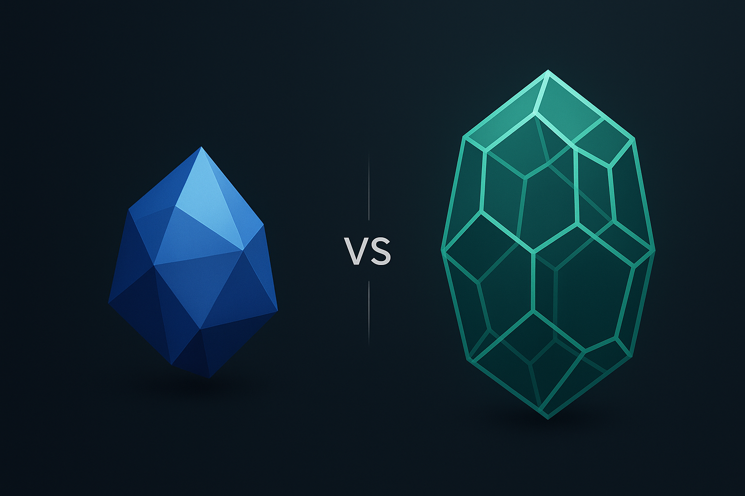 Hy3 vs GLM 5.2 — compact indigo-blue Hy3 crystal vs larger emerald-green GLM 5.2 lattice, half the size, different strengths