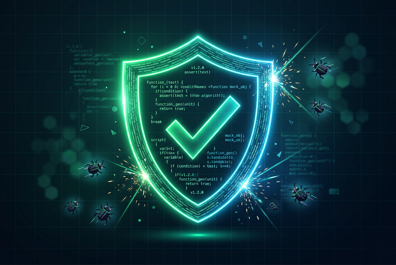 AI unit test generation - glowing shield of tests protecting code