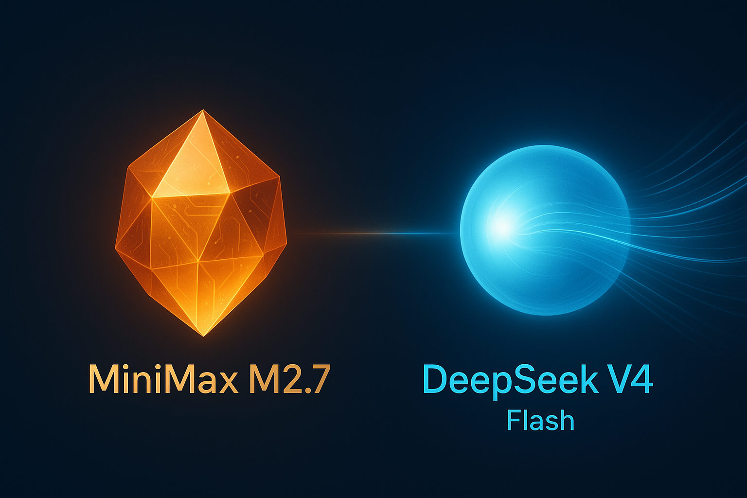 MiniMax M2.7 vs DeepSeek V4 Flash — warm amber gemstone vs cool cyan energy orb, open-weight coding model comparison