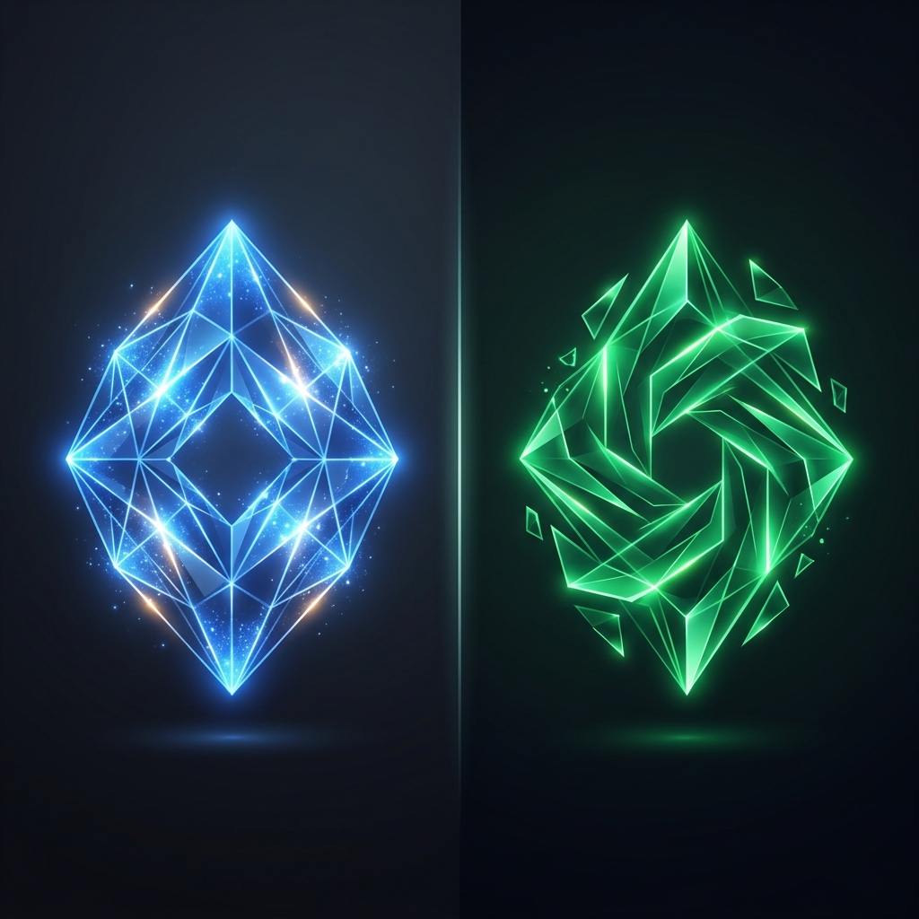 Gemini 3.6 Flash vs GPT-5.6 Terra benchmark comparison - elegant split design with blue and emerald geometric shapes