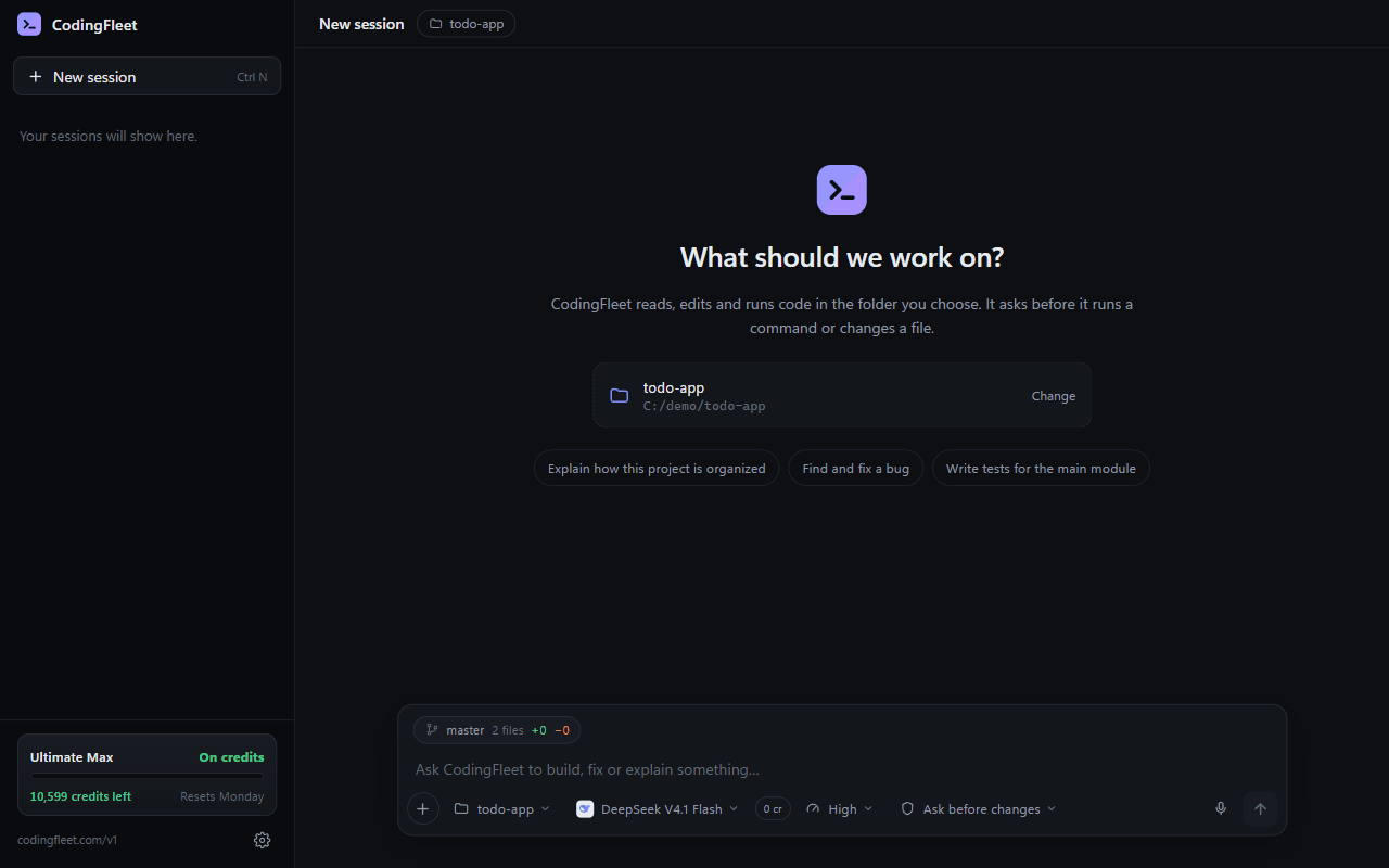 CodingFleet Desktop adds a feature, writes a test and runs the tests in a real project